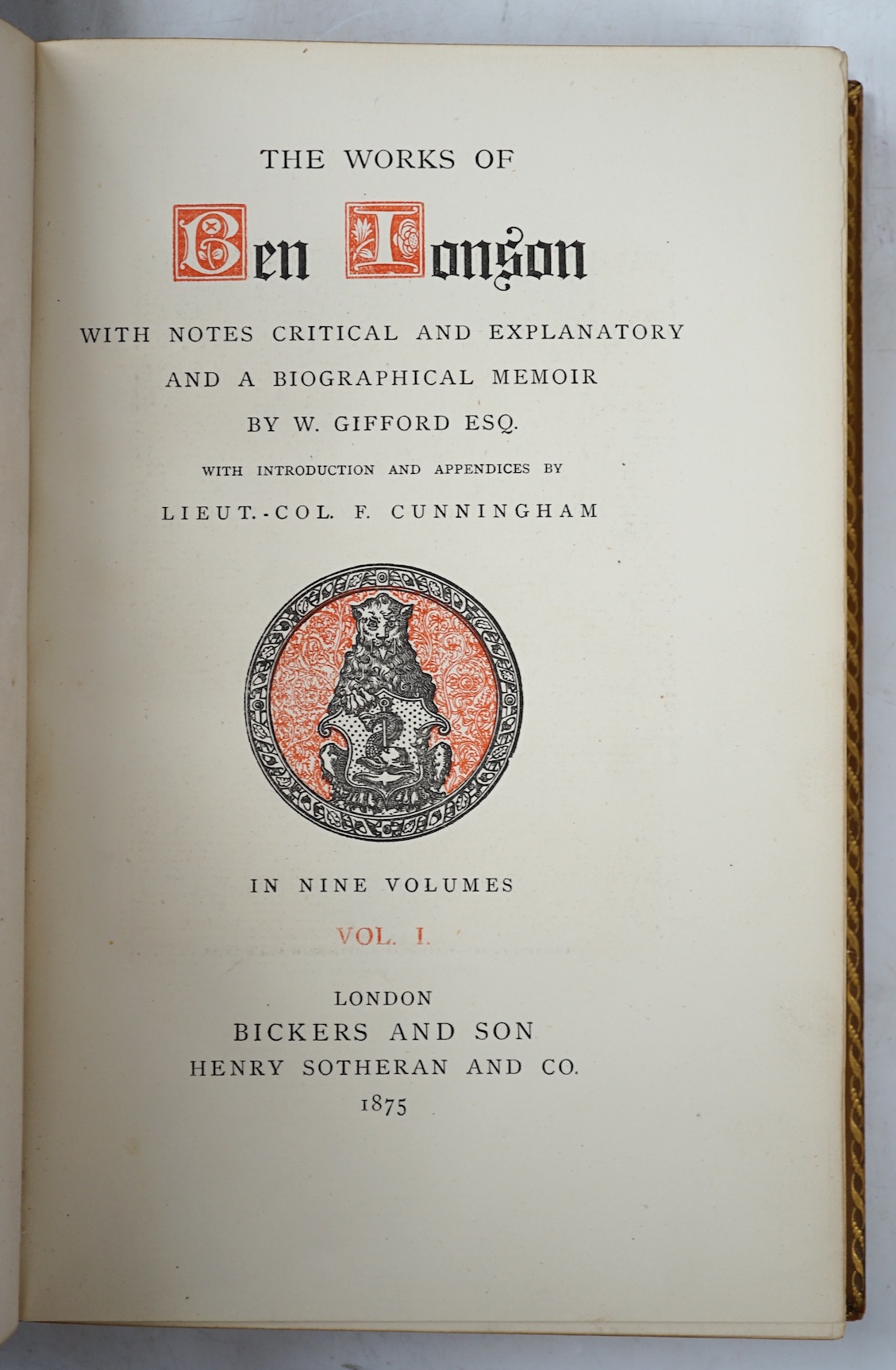 Jonson, Ben - Works, tree calf by Grieve of Edinburgh, 9 vols, Bickers and Son, 1875